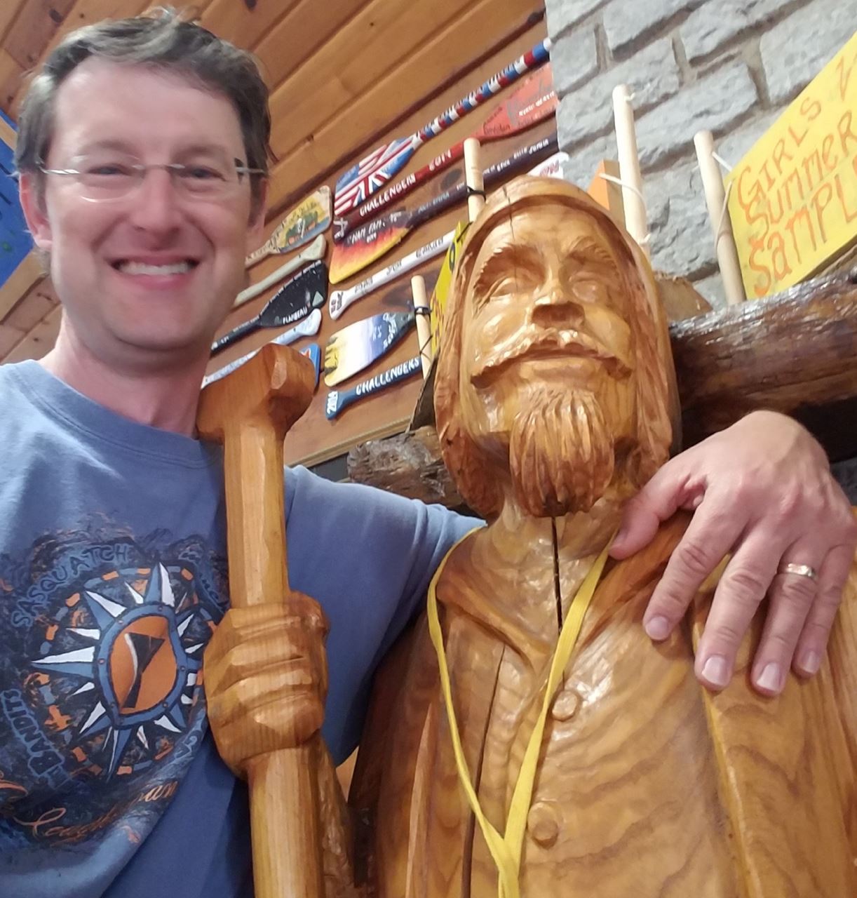 Former Voyager Mark Wald, pictured next to the statue carved in David's honor. This statue stand permanently in the Camp Icoghowan Dining Hall. 